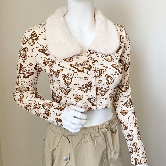 Dolls Kill Sweaters - NWOT Dolls Kill x Bratz Rep the Realest Butterfly Print Cardigan Faux Fur Collar